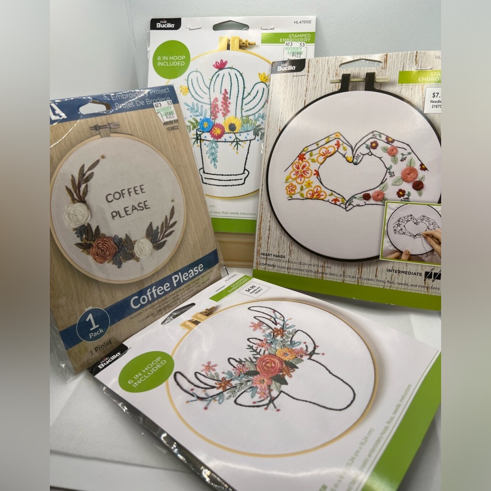 Embroidery craft kits, new in package.  Stamped needlepoint art.  DIY  Lot of 4